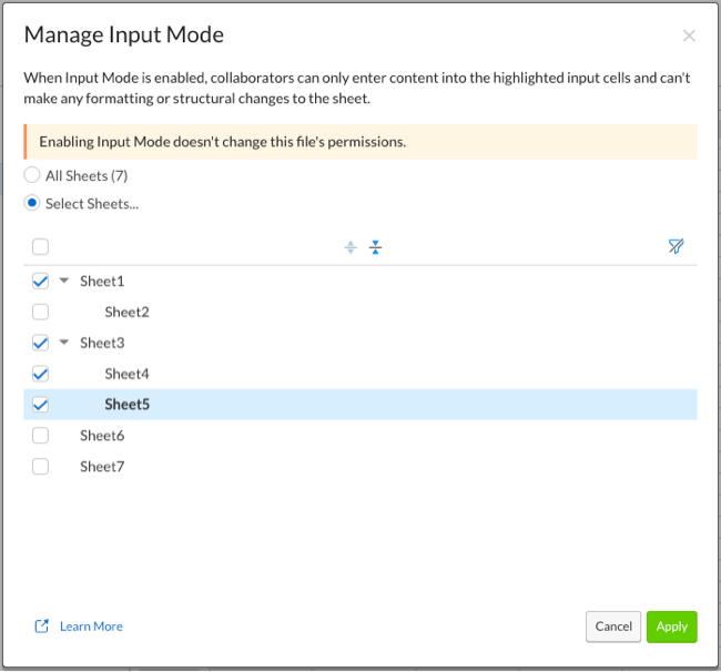 Select the sheets where you want to enable input mode