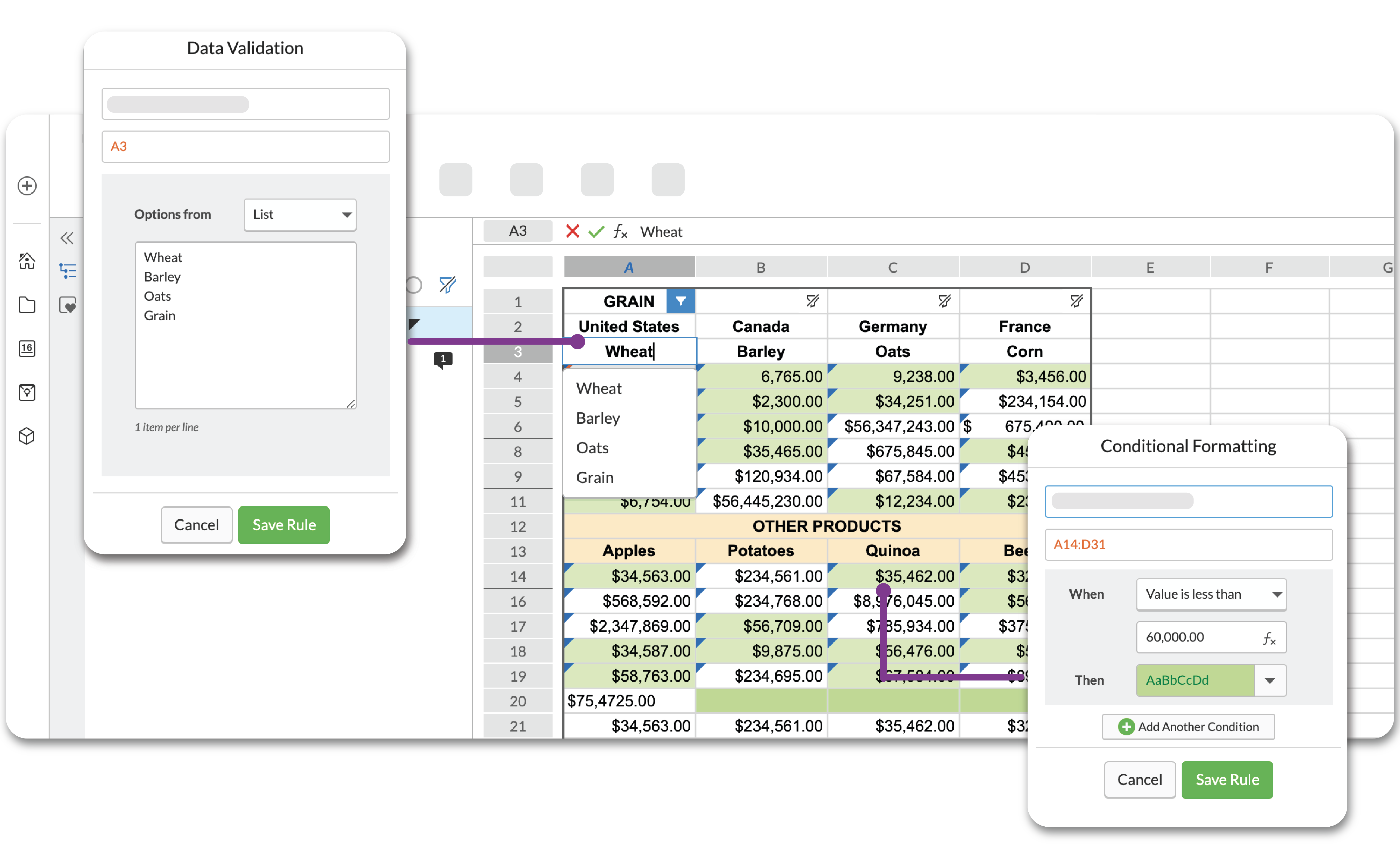 data validation and conditional formatting let you manage what data can be added and how that data is formatted for easy scanning