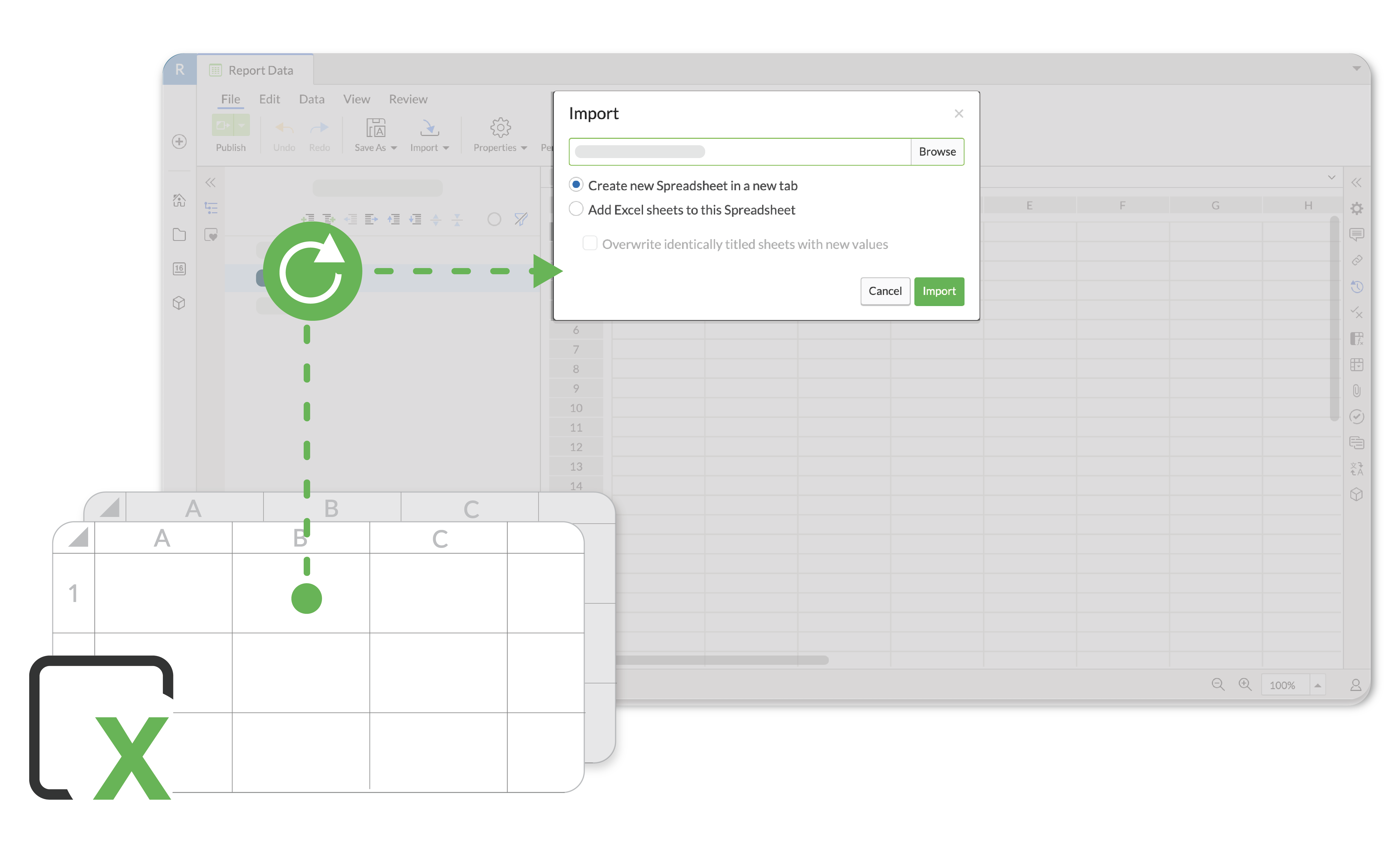 Import an xlsx file and add it directly to your spreadsheet