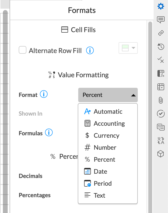 The formats panel dropdown lets you change how your data is formatted in different cells