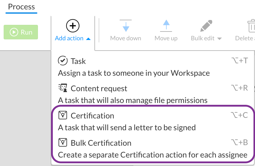 Add certification actions to processes