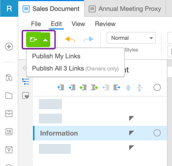 Publish links from toolbar