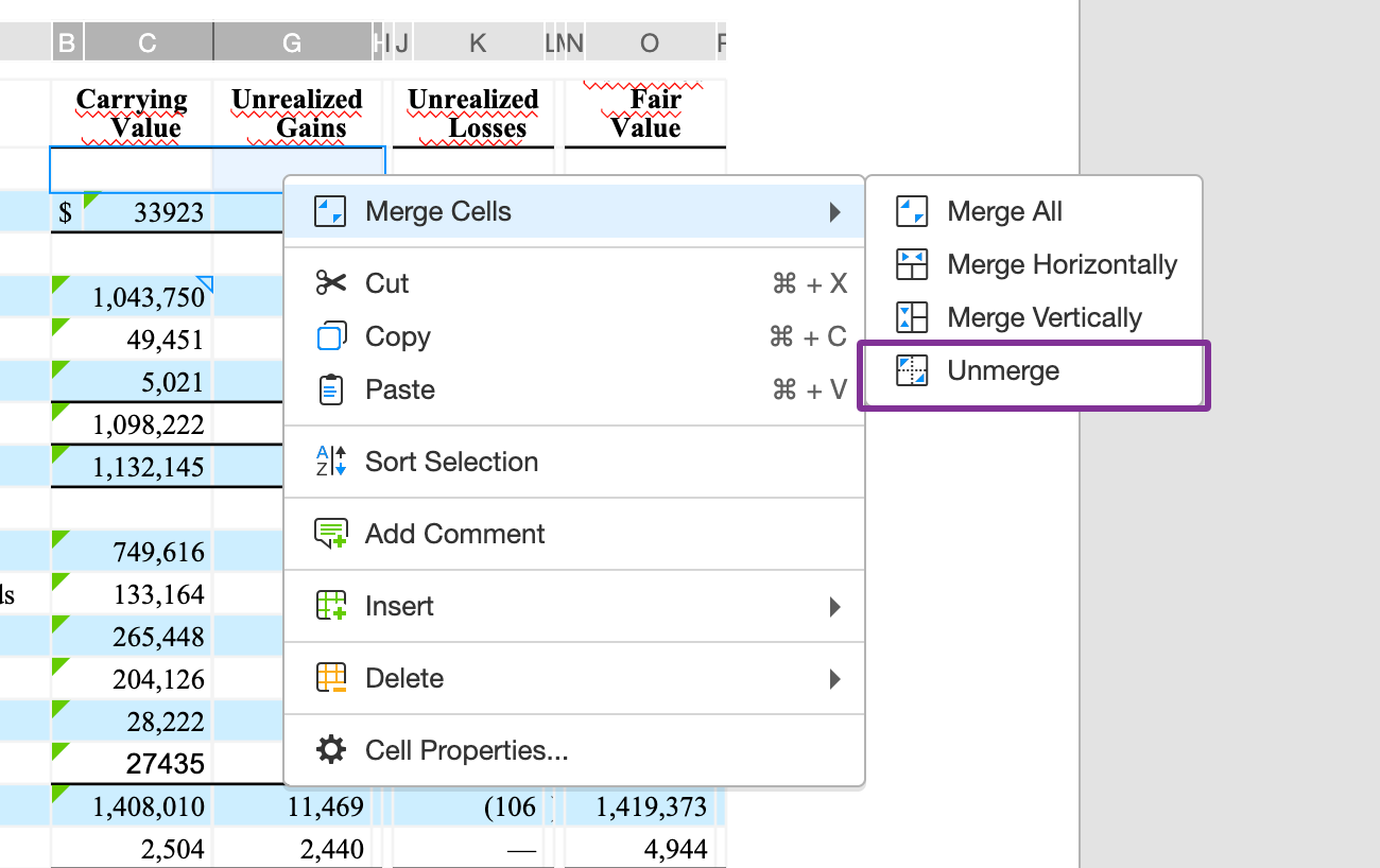 unmerge cells in a table