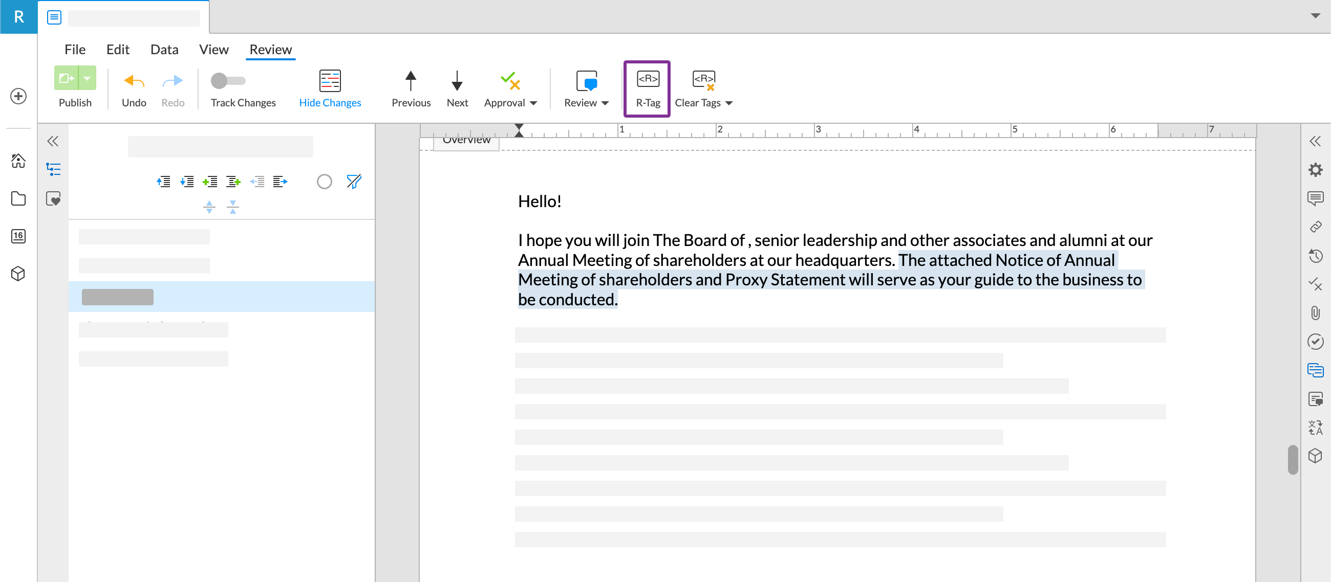 R-tag highlights are available from the review toolbar