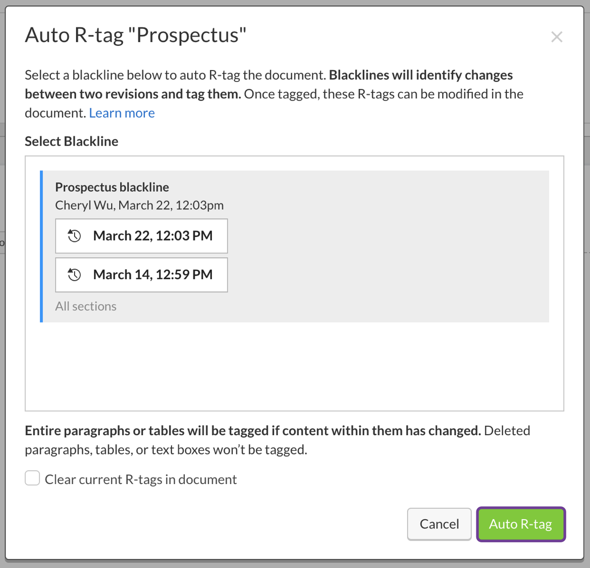 Select blackline to auto r-tag