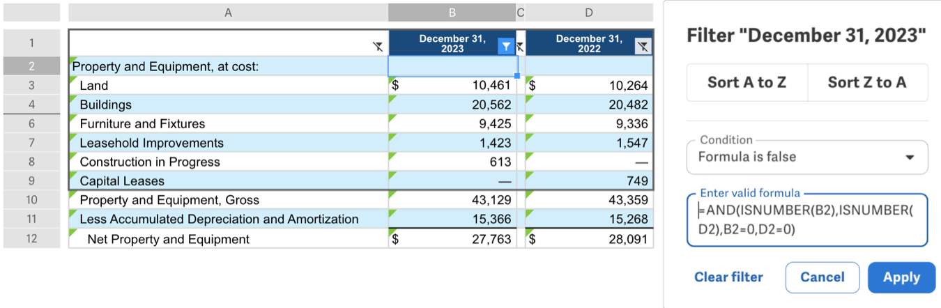 Example formula filtering