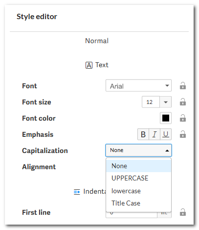 Screenshot of pulldown menu illustrating Case formatting control in Style Editor. 