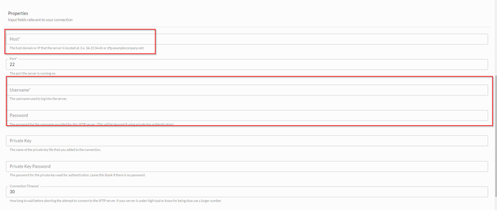 SFTP connection settings screenshot