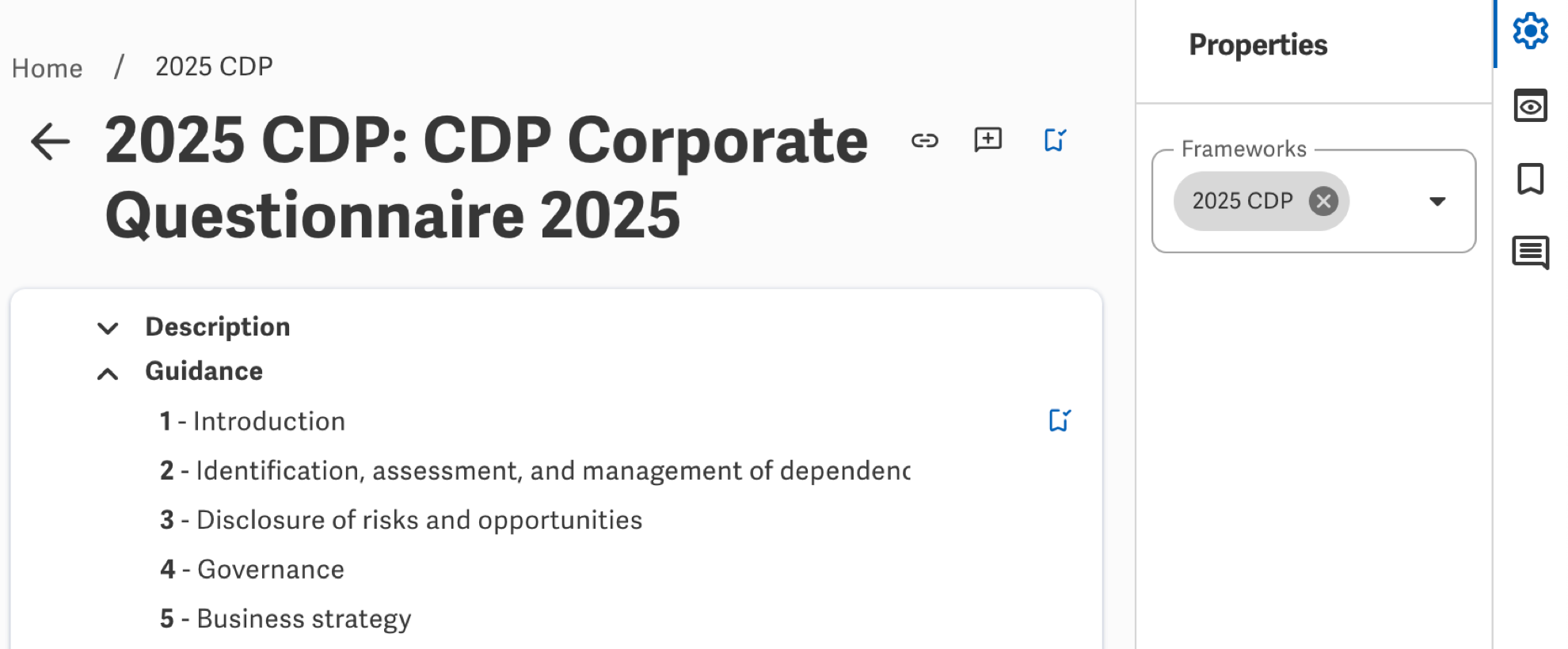 Screenshot showning CDP 2025 option in Sustainability Explorer.