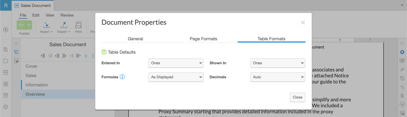 Table Formats tab
