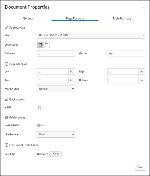 Page Formats tab