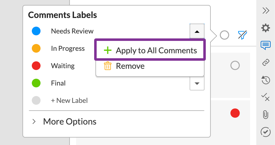 click add to all comments to add the same label to all existing comments