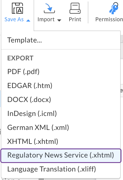 Select Regulatory News Service for export