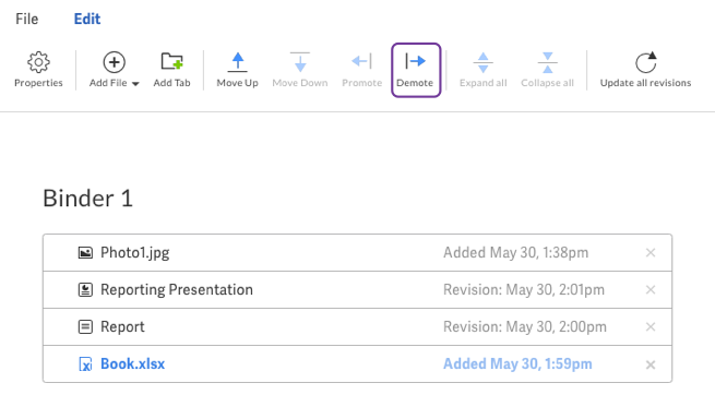 Demote using the Edit toolbar