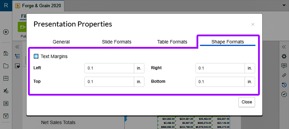 Shape Formats tab in Presentation Properties