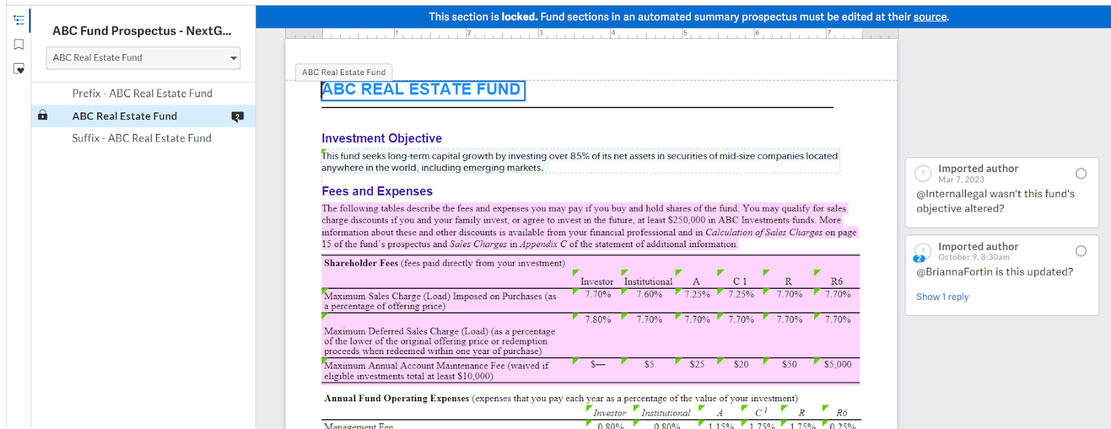 Fund section view