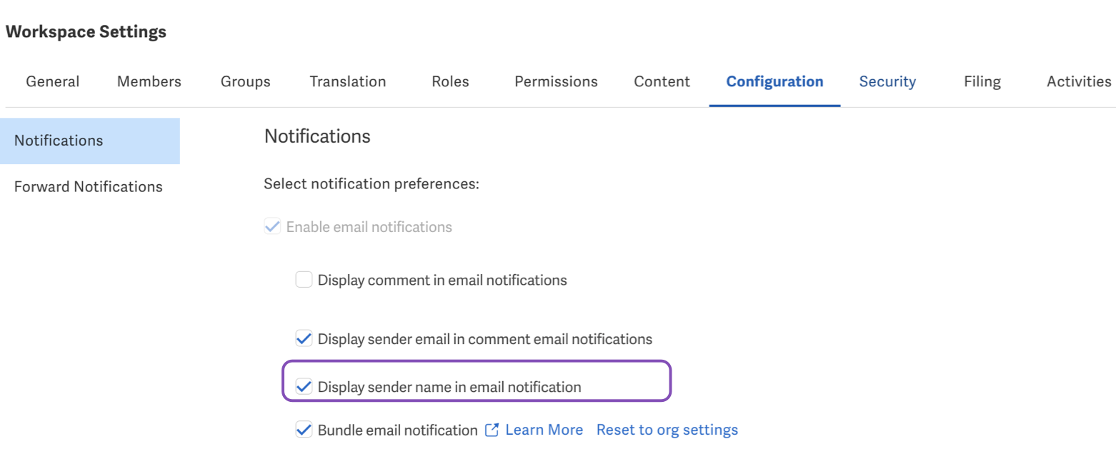 Display sender name in email notification option