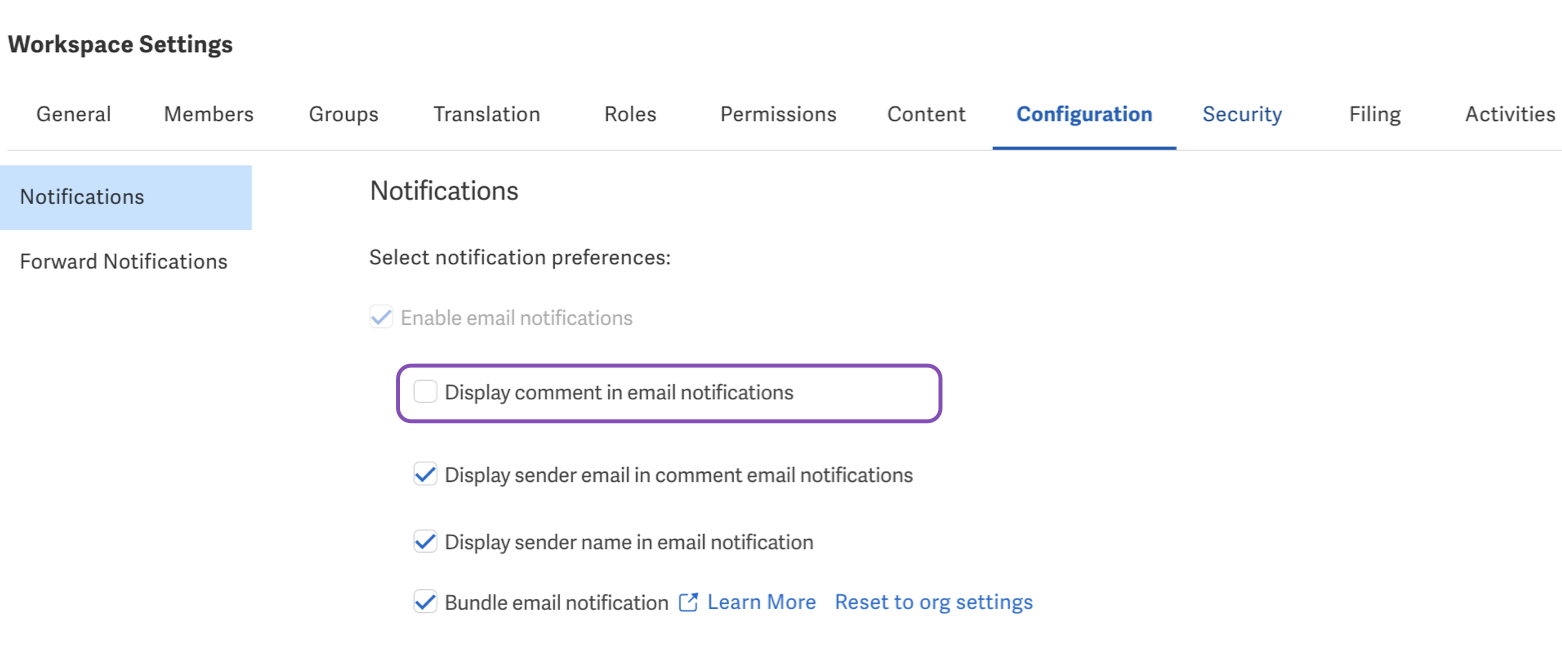 Display comment in email notifications option