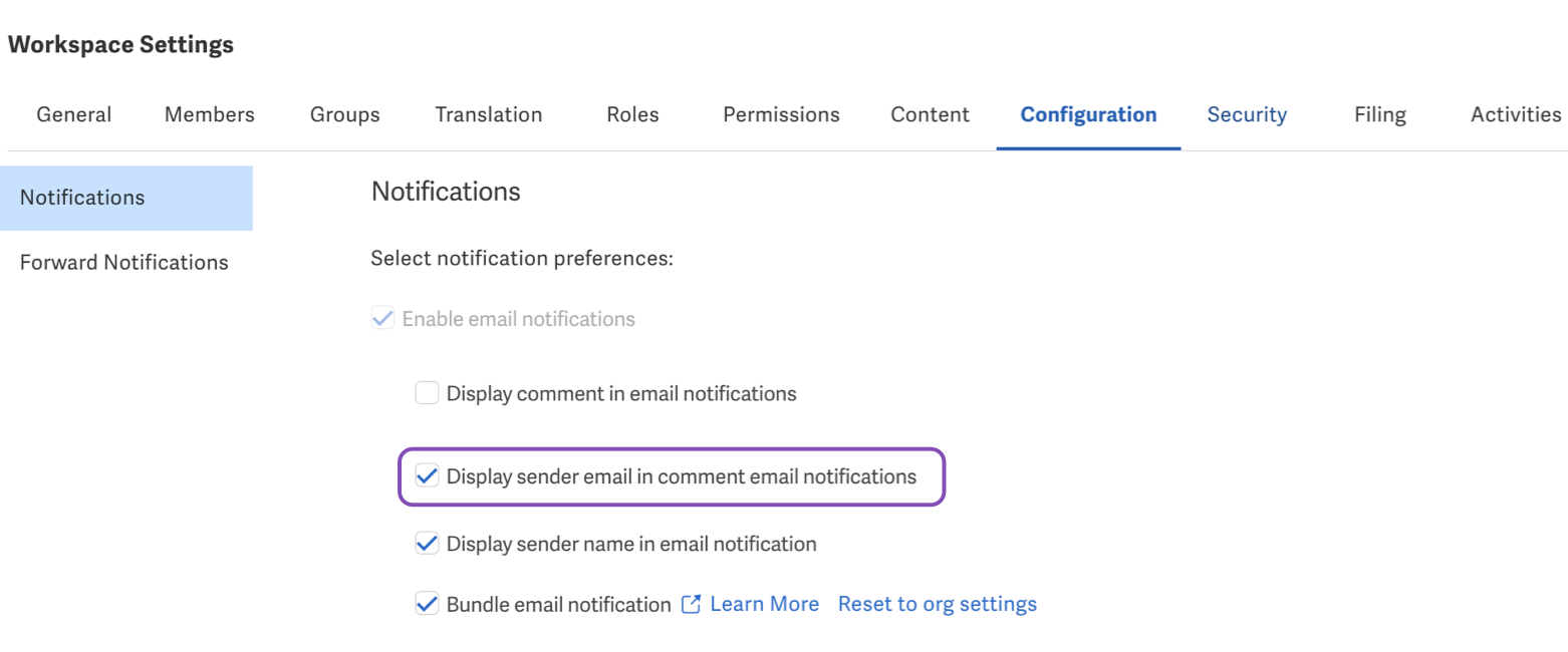 Display sender email workspace option