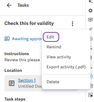 Task Activity menu with a callout box around 'Edit'. Task menu - edit a task.png