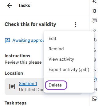 Task Activity menu with a callout box around 'Delete'. Task menu - delete a task.png