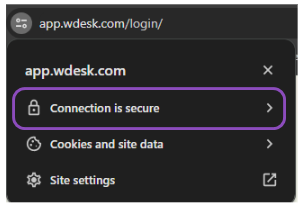A Wdesk menu with a purple box drawn around                  a padlock icon and the text 'Connection is secure'.