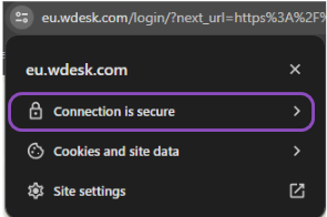 A Wdesk menu with a purple box drawn around a padlock icon and the text 'Connection is secure'.