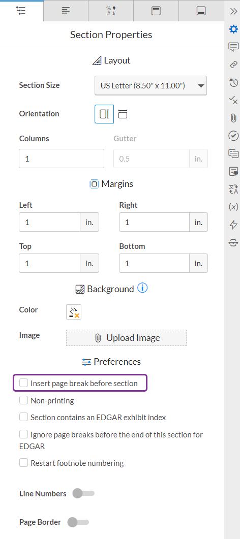 Insert page break before section option