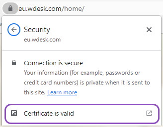 The Wdesk Security menu with a purple box drawn around the entry                   'Certificate is valid'.