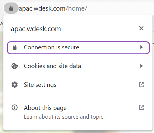A Wdesk menu with a purple box drawn around a padlock icon and the text 'Connection is secure'.