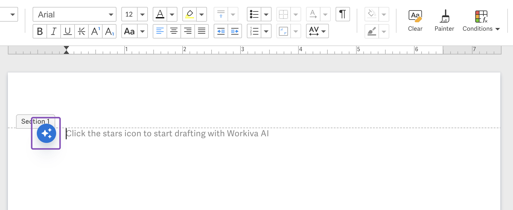 Click Workiva AI icon to an empty section or paragraph