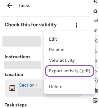 Task Activity menu with a callout box around 'Export Activity(pdf)'. Task activity menu - Export Activity.png