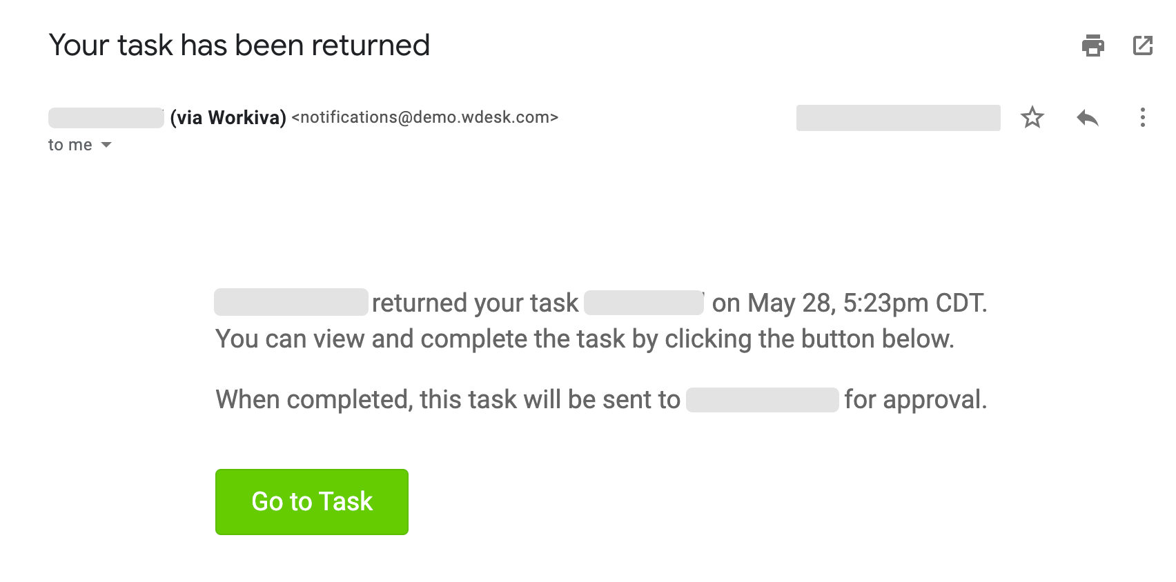 the assignee recieves an email if their task is returned for rework