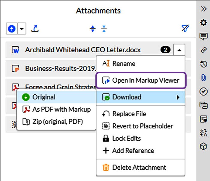 open an attachment in the markup viewer
