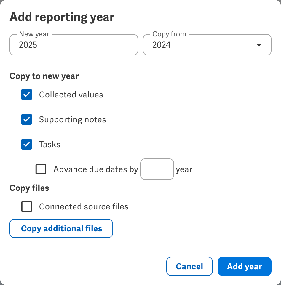 Screenshot of access panel for Sustainability Program 'Add Reporting Year' panel