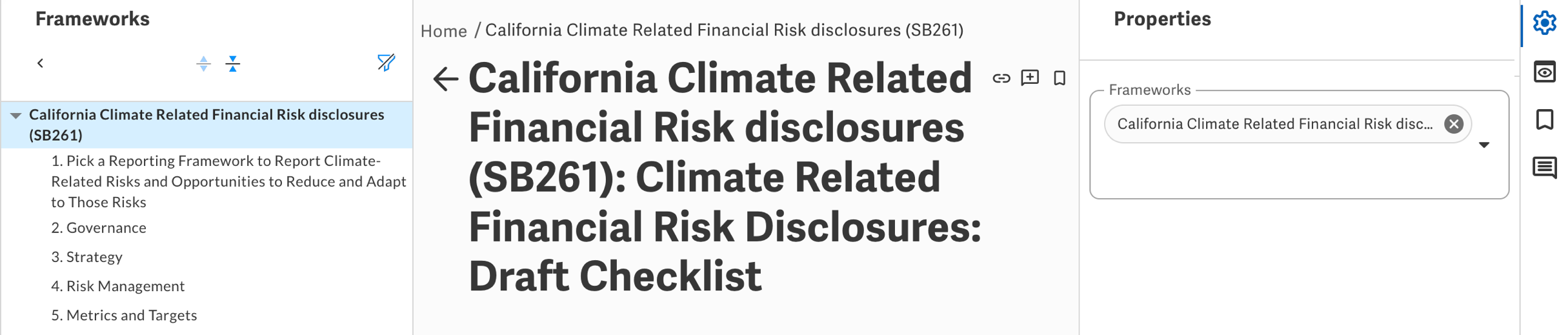 Screenshot of Sustainability Explorer Frameworks checklist for California Climate Related Financial Risk disclosures (SB261)