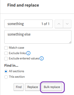 Screenshot of Find and Replace panel with callout for 'Bulk Replace'