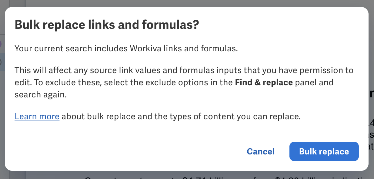 Confirm bulk replace for links and formulas