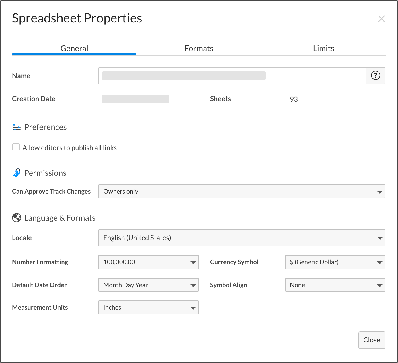 General window in spreadsheet properties