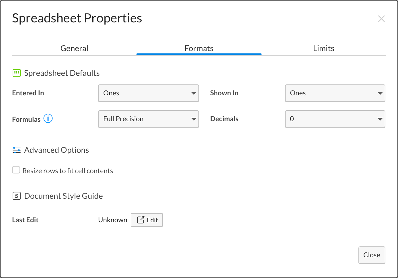 Formats window in spreadsheet properties
