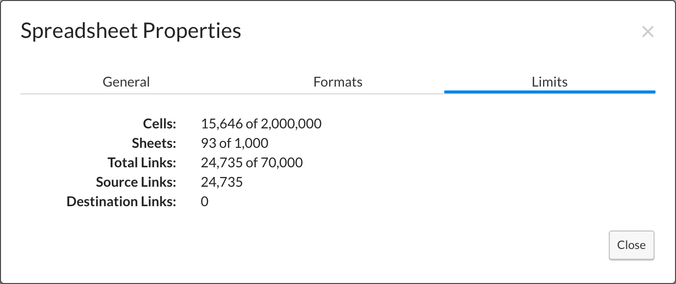 Limits window in spreadsheet properties
