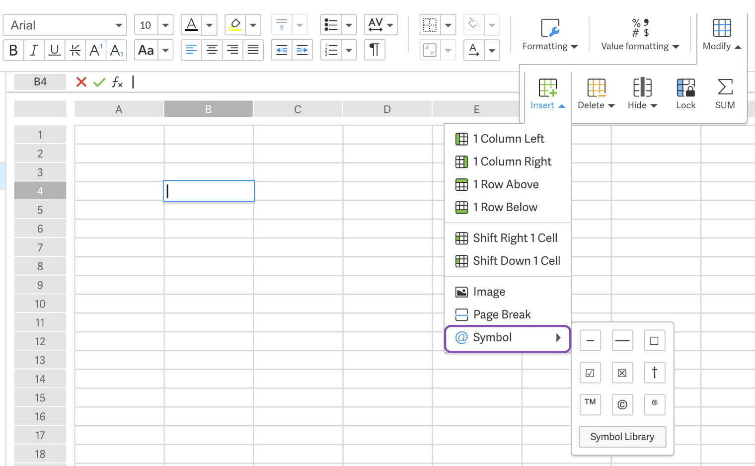 Insert Symbol into spreadsheet