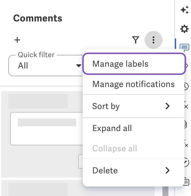 Manage labels in comments panel