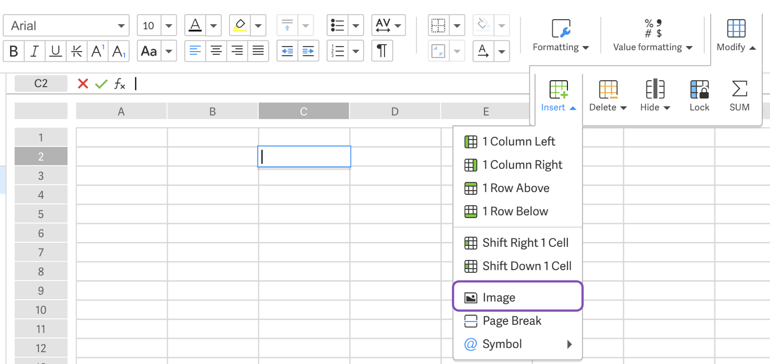 Insert image in spreadsheet