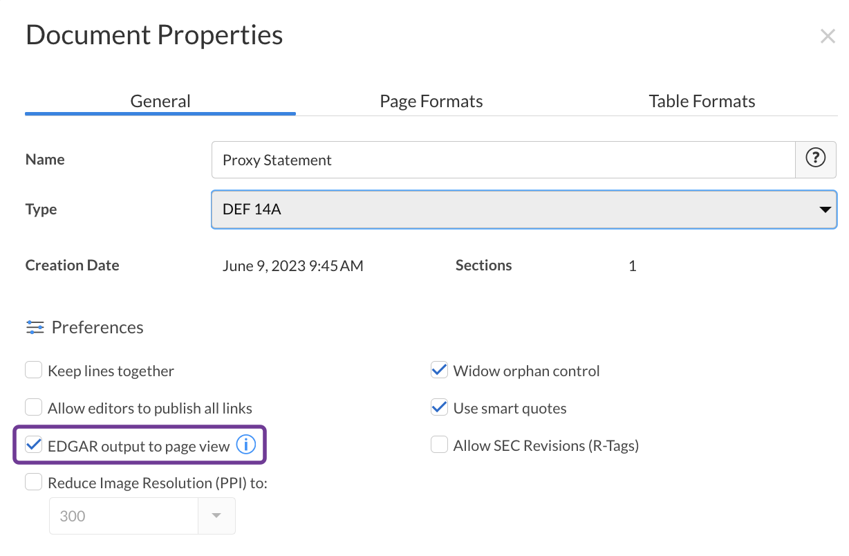 Document property EDGAR output to page view