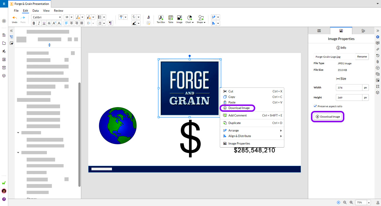 download an image from Workiva presentations