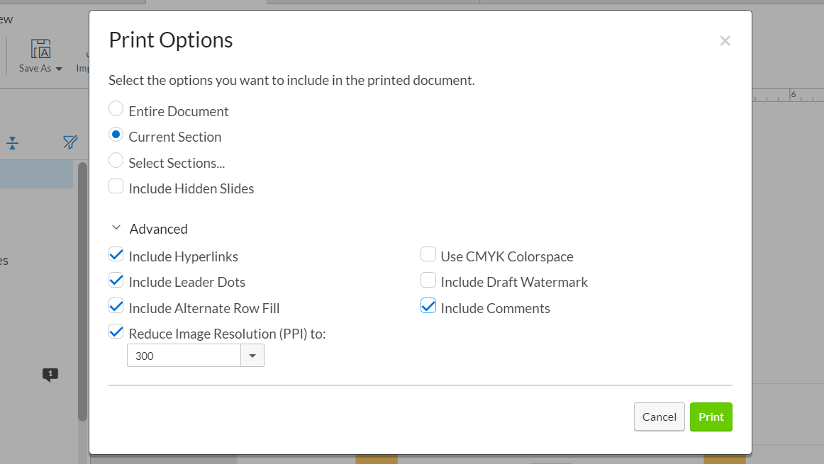 Print options for a presentation