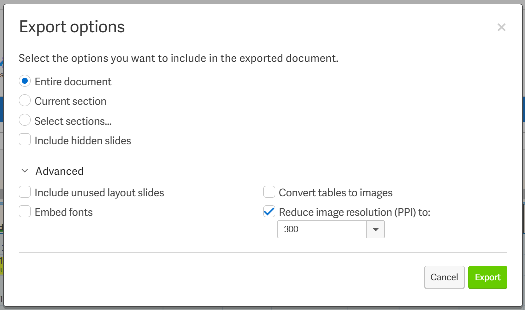 Export options for Powerpoint