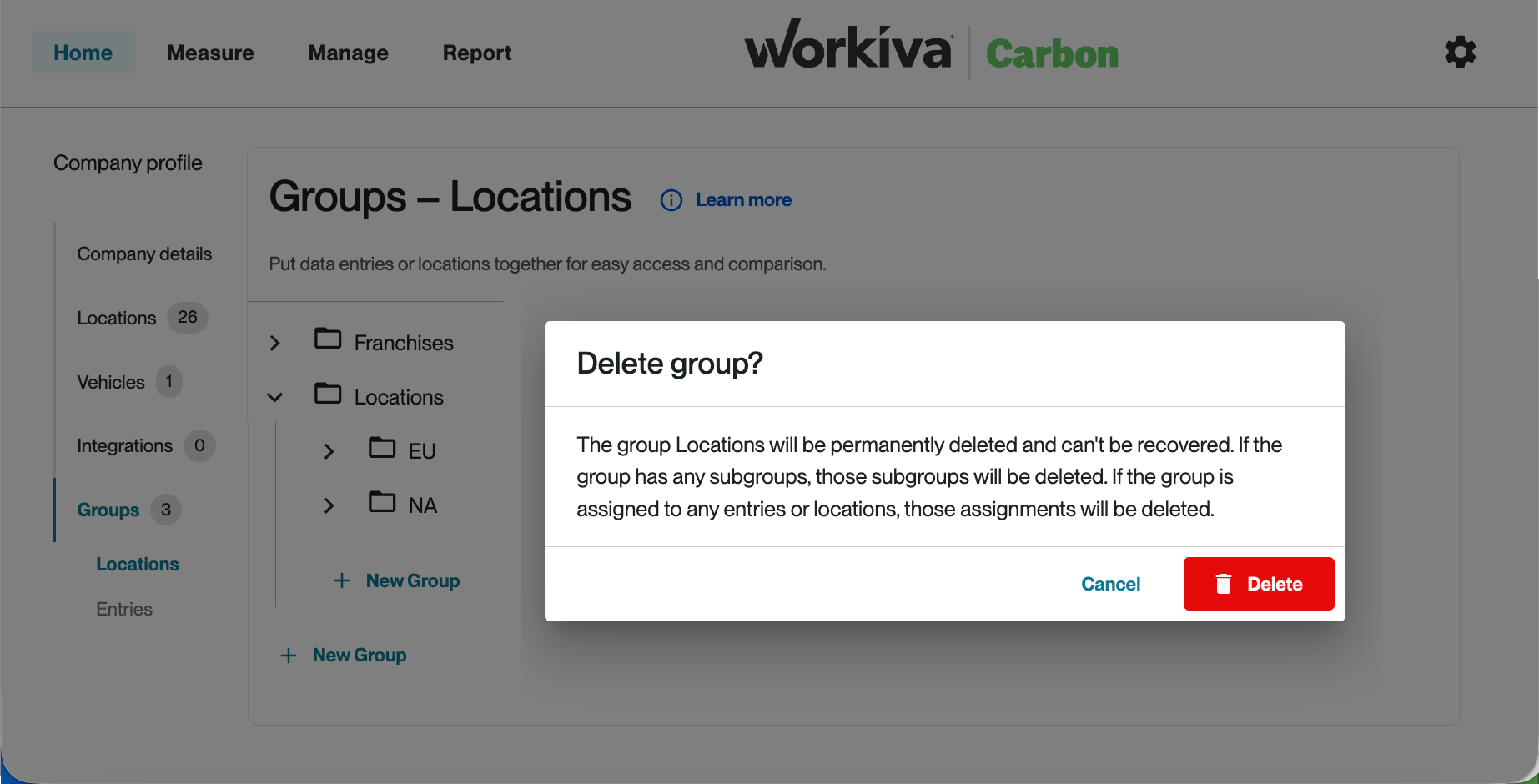 Screenshot of group deletion confirmation message