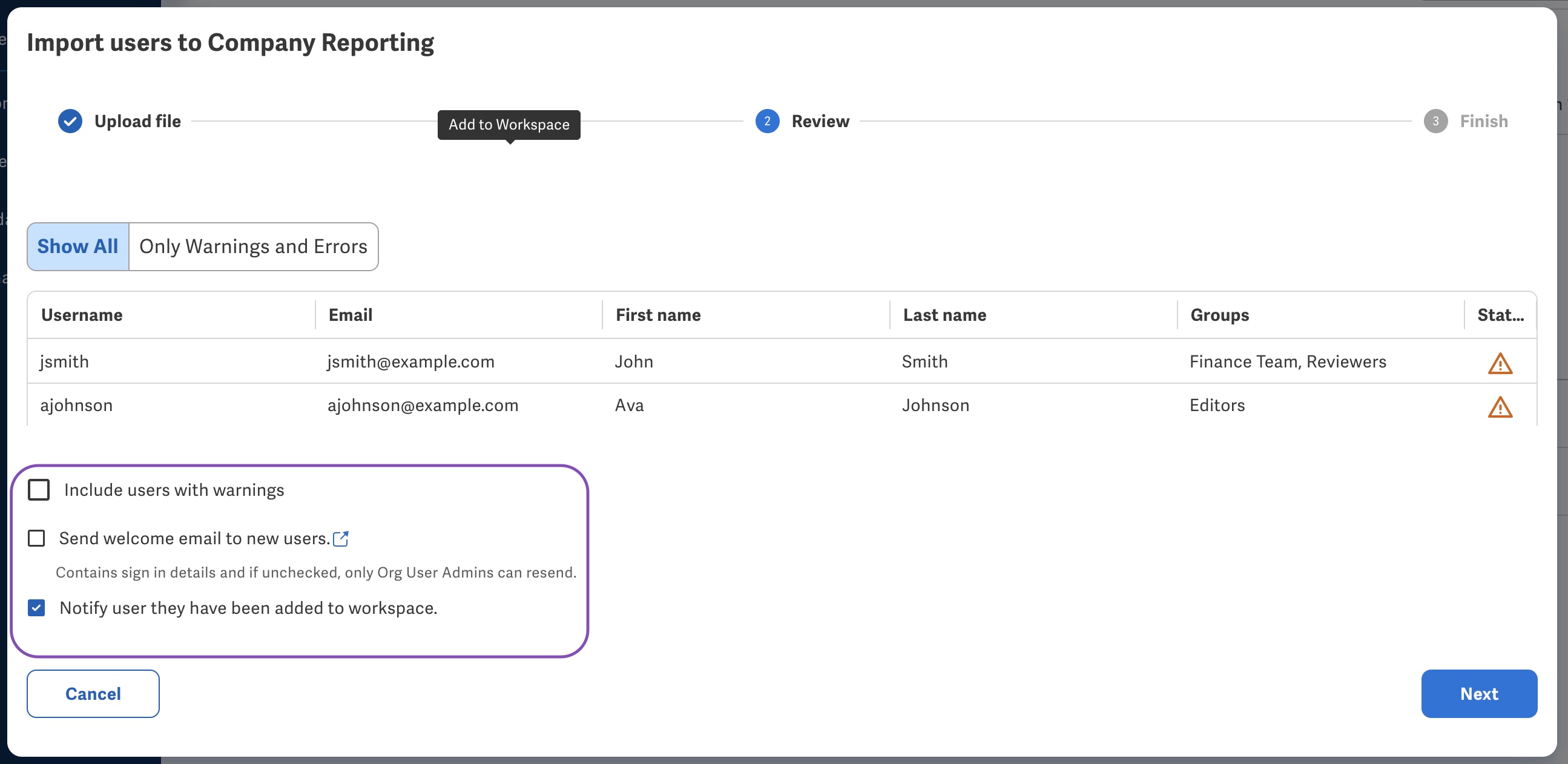 Import users with csv file